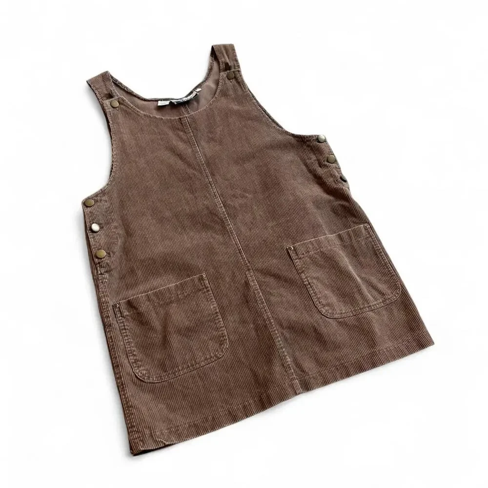Corduroy Brown Utility Pinafore Dress – Cottagecore Workwear [L] - Picture 4 of 8